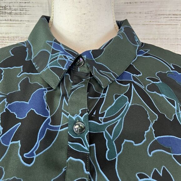 LOGO Lori Goldstein Blouse Tunic size Medium Olive Green Blue Floral Ruffle Slim - Picture 5 of 12
